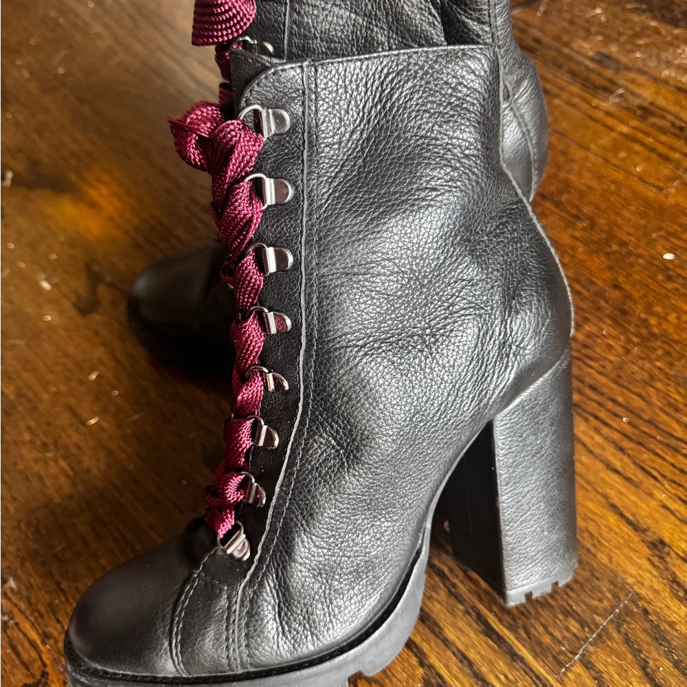 SCHUTZ Black and Red Lace Up Boots with Block Heel